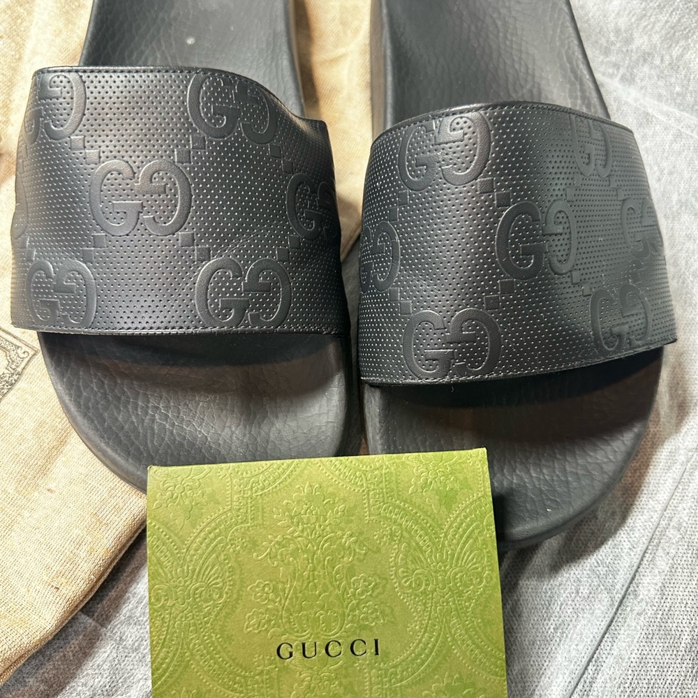 Gucci Black Embossed Slide Sandals